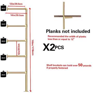 Gold Industrial Wall Mount Iron Pipe Shelf Bracket, DIY Open Bookshelf,Storage Shelves, Ceiling Hung...