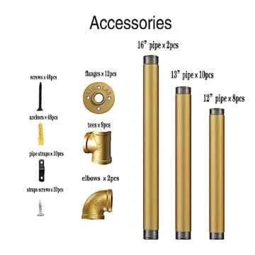 Gold Industrial Wall Mount Iron Pipe Shelf Bracket, DIY Open Bookshelf,Storage Shelves, Ceiling Hung Shelves for Home Kitchen Bathroom Living Room Office(2PcsX5Tier,70" Tall,12" deep,Hardware Only)