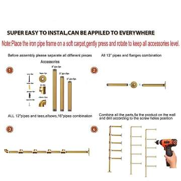 Gold Industrial Wall Mount Iron Pipe Shelf Bracket, DIY Open Bookshelf,Storage Shelves, Ceiling Hung Shelves for Home Kitchen Bathroom Living Room Office(2PcsX5Tier,70" Tall,12" deep,Hardware Only)