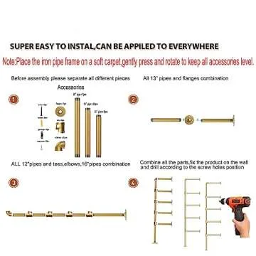 Gold Industrial Wall Mount Iron Pipe Shelf Bracket, DIY Open Bookshelf,Storage Shelves, Ceiling Hung Shelves for Home Kitchen Bathroom Living Room Office(2PcsX5Tier,70" Tall,12" deep,Hardware Only)