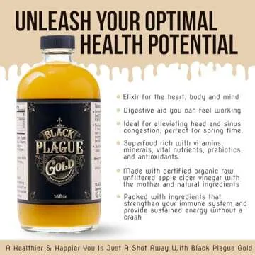 Black Plague Gold Fire Cider - 16oz All-Natural Elixir for Immunity, Gut Health & Wellness: Handcrafted, Small Batch, Herbal Apple Cider Vinegar, Whole, Raw & Sugar-Free - Unleash Your Optimal Health