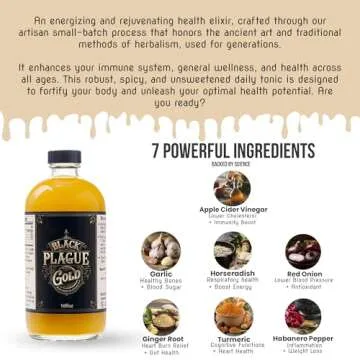 Black Plague Gold Fire Cider - 16oz All-Natural Elixir for Immunity, Gut Health & Wellness: Handcrafted, Small Batch, Herbal Apple Cider Vinegar, Whole, Raw & Sugar-Free - Unleash Your Optimal Health