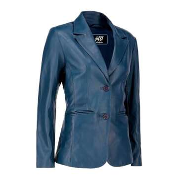 Jild Classic 2-Button Lambskin Leather Blazer Women - Casual Coat Long Sleeves Suit Style Leather Jacket Women (LC-Blue-XXL)