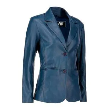 Jild Classic 2-Button Lambskin Leather Blazer Women - Casual Coat Long Sleeves Suit Style Leather Jacket Women (LC-Blue-XXL)