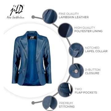 Jild Classic 2-Button Lambskin Leather Blazer Women - Casual Coat Long Sleeves Suit Style Leather Jacket Women (LC-Blue-XXL)