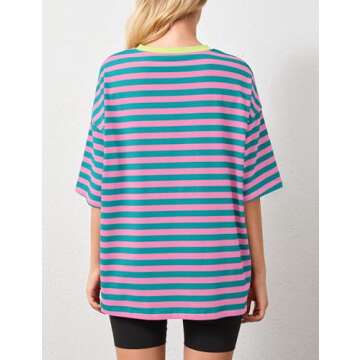 TERIVEEK Women Oversized Striped Color Block Short Sleeve Crew Neck T-Shirts Casual Loose Pullover T...