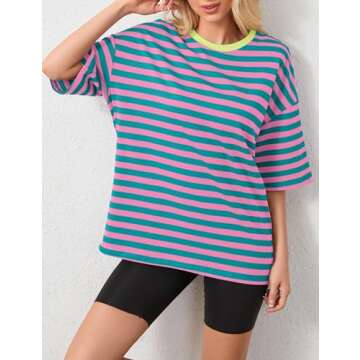 TERIVEEK Women Oversized Striped Color Block Short Sleeve Crew Neck T-Shirts Casual Loose Pullover Tops Summer Tee Shirt Pink Green