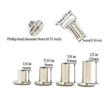 80 Sets Chicago Screws Assorted Kit 4 Sizes Silvery Leather Rivets 1/4 5/16 3/8 1/2 Screw Rivets Slo...