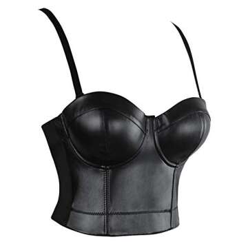 Charmian Women's Spaghetti Straps PU Leather Bustier Crop Top Black Large