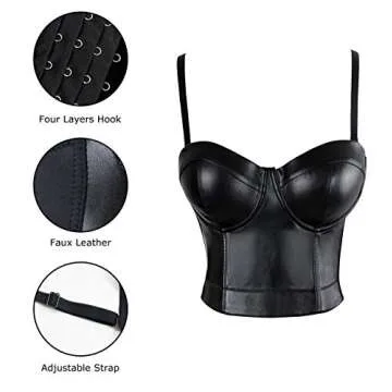 Charmian Women's Spaghetti Straps PU Leather Bustier Crop Top Black Large