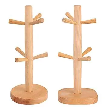 GOJAKO 12" Wooden Mug Holder Tree with 6 Hooks Wood Cup Rack Tea Coffee Bar Organizer Accessories Mug Hanger Stands for Kitchen Counter and Display Dinnerware Storage and Dry (Square Bottom)