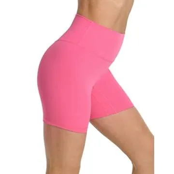 YUNOGA Women's High Waist Athletic Shorts 6" Inseam Yoga Shorts No Front Seam Workout Running Biker Shorts (M, Hot Pink)