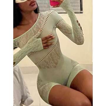 AVZXSA Women's Sexy See Through Long Sleeve Rhinestone Accent One Shoulder Cutout Mesh Lace Bodysuit Jumpsuit Green