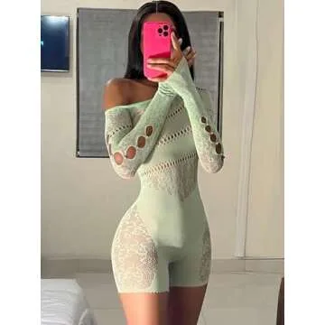 AVZXSA Women's Sexy See Through Long Sleeve Rhinestone Accent One Shoulder Cutout Mesh Lace Bodysuit Jumpsuit Green