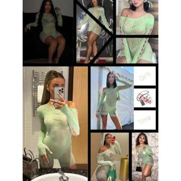 AVZXSA Women's Sexy See Through Long Sleeve Rhinestone Accent One Shoulder Cutout Mesh Lace Bodysuit Jumpsuit Green
