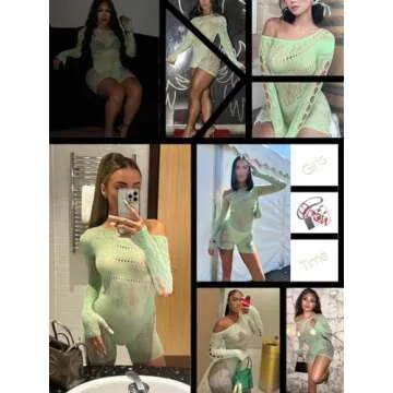 AVZXSA Women's Sexy See Through Long Sleeve Rhinestone Accent One Shoulder Cutout Mesh Lace Bodysuit Jumpsuit Green