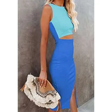 Pink Queen Women's Crewneck Bodycon Hollow Out Sleeveless Slim Slit Party Club Midi Dresses Lake Blue S