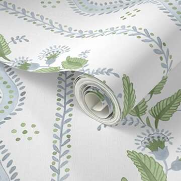 Peel & Stick Wallpaper 12ft x 2ft - Soft Blue Greens White Stripe Green Floral Dots Traditional Cust...