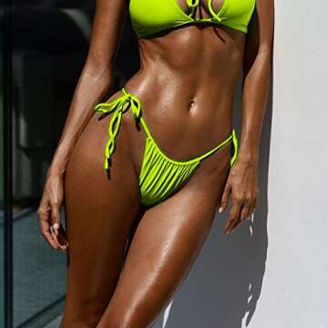 QINSEN Sexy Bathing Suit for Women Bandeau Cutout String Tie Thong Two Piece Bikini Set Swimsuit Neon Green M