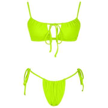 QINSEN Sexy Bathing Suit for Women Bandeau Cutout String Tie Thong Two Piece Bikini Set Swimsuit Neon Green M