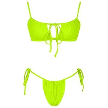 QINSEN Sexy Bathing Suit for Women Bandeau Cutout String Tie Thong Two Piece Bikini Set Swimsuit Neon Green M