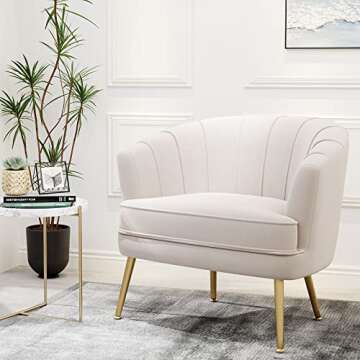 Andeworld Velvet Accent Chair, Upholstered Modern Single Sofa Side Chair,Comfy Barrel Club Living Room Armchair with Golden Metal Legs for Bedroom Living Reading Room Office, Beige