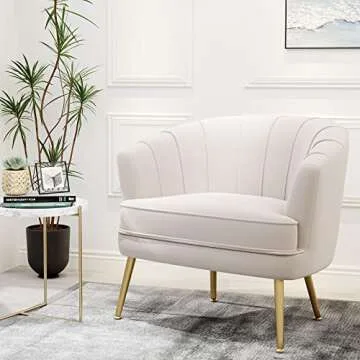 Andeworld Velvet Accent Chair, Upholstered Modern Single Sofa Side Chair,Comfy Barrel Club Living Room Armchair with Golden Metal Legs for Bedroom Living Reading Room Office, Beige