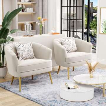 Andeworld Velvet Accent Chair, Upholstered Modern Single Sofa Side Chair,Comfy Barrel Club Living Room Armchair with Golden Metal Legs for Bedroom Living Reading Room Office, Beige