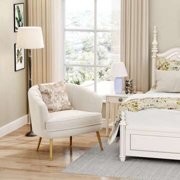 Andeworld Velvet Accent Chair, Upholstered Modern Single Sofa Side Chair,Comfy Barrel Club Living Room Armchair with Golden Metal Legs for Bedroom Living Reading Room Office, Beige