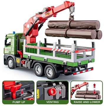 HAPYAD Timber Logging Truck Toy Metal Cab, Friction Powered Log Truck with Fully Functioning Loading Crane and 3 Loadable Trunks, Construction Playset for Boys Kids, 11.2"