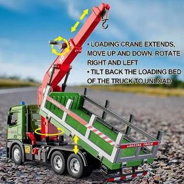 HAPYAD Timber Logging Truck Toy Metal Cab, Friction Powered Log Truck with Fully Functioning Loading Crane and 3 Loadable Trunks, Construction Playset for Boys Kids, 11.2"