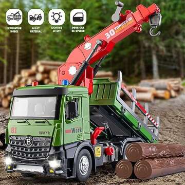 HAPYAD Timber Logging Truck Toy Metal Cab, Friction Powered Log Truck with Fully Functioning Loading Crane and 3 Loadable Trunks, Construction Playset for Boys Kids, 11.2"