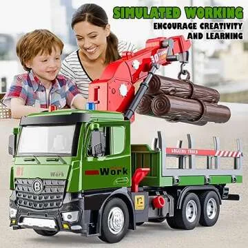 HAPYAD Timber Logging Truck Toy Metal Cab, Friction Powered Log Truck with Fully Functioning Loading Crane and 3 Loadable Trunks, Construction Playset for Boys Kids, 11.2"