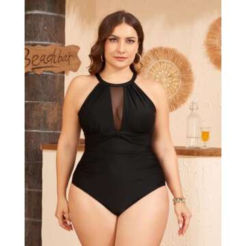 Tempt Me Women One Piece Swimsuit Black High Neck Plunge Ruched Tummy Control Bathing Suit L