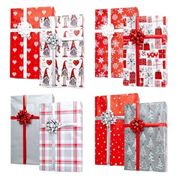 Red + Silver Reversible Wrapping Paper Set: 4 Rolls (8 Designs) of Premium Gift Wrap (80 sq. ft.) with 30 Coordinated Bows, 2 Spools of Ribbons, and 24 Gift Tags