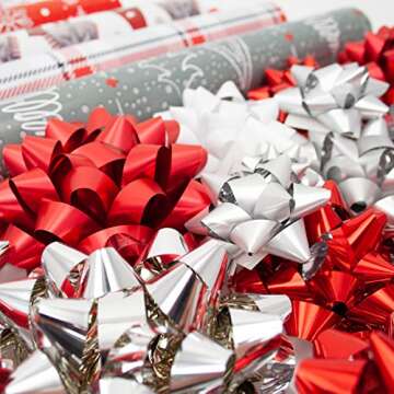 Red + Silver Reversible Wrapping Paper Set: 4 Rolls (8 Designs) of Premium Gift Wrap (80 sq. ft.) with 30 Coordinated Bows, 2 Spools of Ribbons, and 24 Gift Tags
