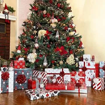 Red + Silver Reversible Wrapping Paper Set: 4 Rolls (8 Designs) of Premium Gift Wrap (80 sq. ft.) with 30 Coordinated Bows, 2 Spools of Ribbons, and 24 Gift Tags