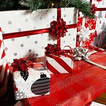 Red + Silver Reversible Wrapping Paper Set: 4 Rolls (8 Designs) of Premium Gift Wrap (80 sq. ft.) with 30 Coordinated Bows, 2 Spools of Ribbons, and 24 Gift Tags