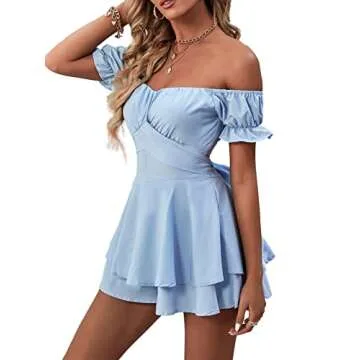 LYANER Women's Off Shoulder Ruffle Romper in Light Blue