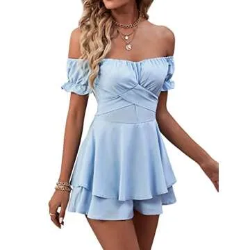 LYANER Women's Off Shoulder Ruffle Romper in Light Blue