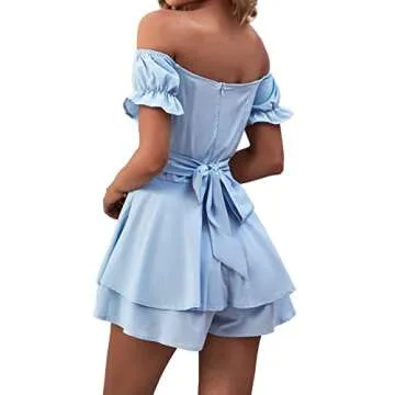 LYANER Women's Off Shoulder Ruffle Romper in Light Blue