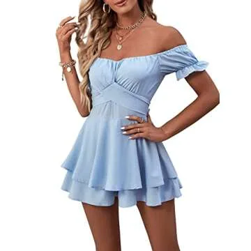 LYANER Women's Off Shoulder Ruffle Romper in Light Blue