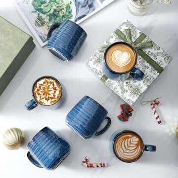 Hasense Cappuccino Cups 10 oz, Small Coffee Cups Set of 6, Ceramic Mugs with Handle for Coffee, Tea, Milk and Mocha, Mini Mugs for Christmas Gift, Dishwasher & Microwave Safe, Blue