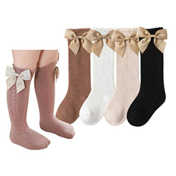 CHUNG Toddler Baby Girls Knee Hight Stocking Cotton Socks 0-7Years Solid Color Bowknot Thin Spring S...