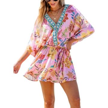 CUPSHE Women's Mini Dress V Neck Floral Half Dolman Sleeve Belted Loose Fit Short Summer Beach Dress...