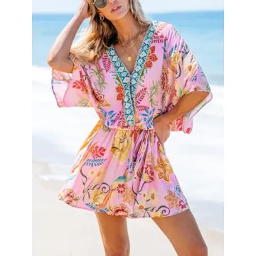 CUPSHE Women's Mini Dress V Neck Floral Half Dolman Sleeve Belted Loose Fit Short Summer Beach Dress Pink Tropical, XL