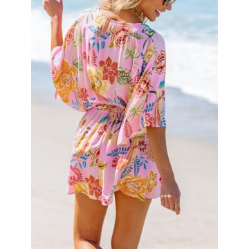 CUPSHE Women's Mini Dress V Neck Floral Half Dolman Sleeve Belted Loose Fit Short Summer Beach Dress Pink Tropical, XL
