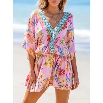 CUPSHE Women's Mini Dress V Neck Floral Half Dolman Sleeve Belted Loose Fit Short Summer Beach Dress Pink Tropical, XL