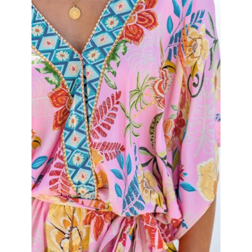 CUPSHE Women's Mini Dress V Neck Floral Half Dolman Sleeve Belted Loose Fit Short Summer Beach Dress Pink Tropical, XL