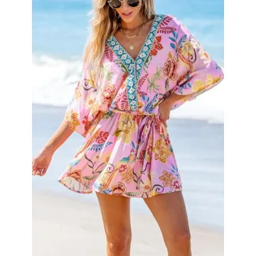 CUPSHE Women's Mini Dress V Neck Floral Half Dolman Sleeve Belted Loose Fit Short Summer Beach Dress Pink Tropical, XL